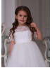 Short Sleeve Ivory Lace Tulle Long Flower Girl Dress